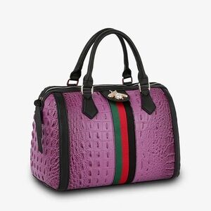 Designer-Inspired Purple Croc-Embossed Satchel with Stripe Accent